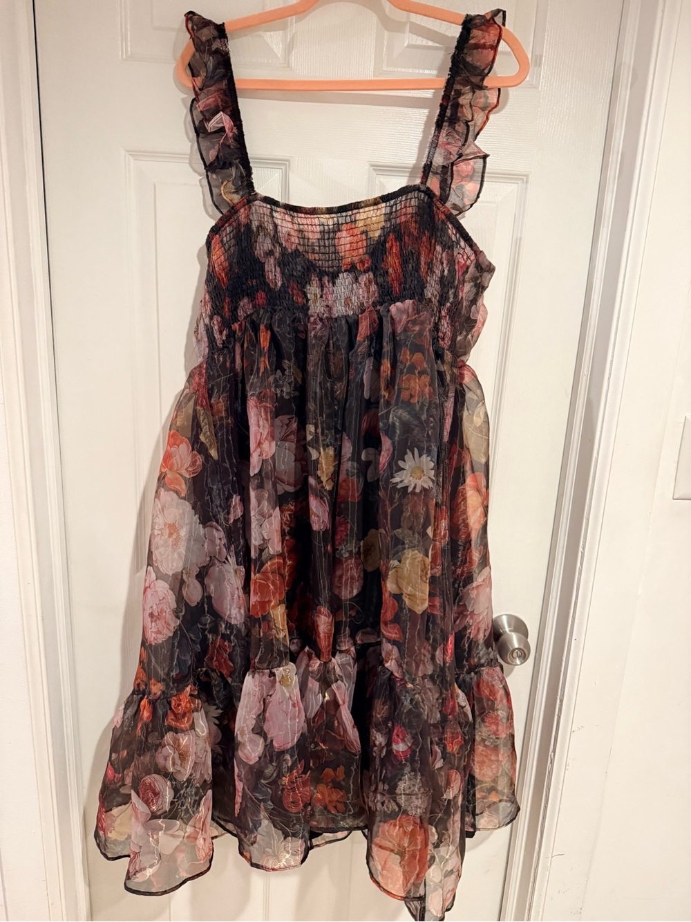 ROMWE Black Sheer Floral Tiered Dress with Pink and Orange Blooms - Picture 2 of 7